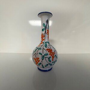 Hand-Painted Italian Ceramic Vase Floral Design Blue Rim Base Vintage Bitossi